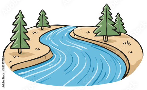 Cartoon stream with evergreen trees on banks winding across the sandy landscape illustration