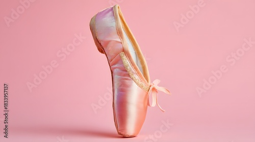 Pink shoe with a bow on it is shown on a pink background. The shoe is a pointy pink shoe with a bow on it, and it is the only object in the image