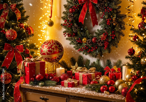 Cozy Holiday Interior with Wreath, Tree, and Wrapped Presents