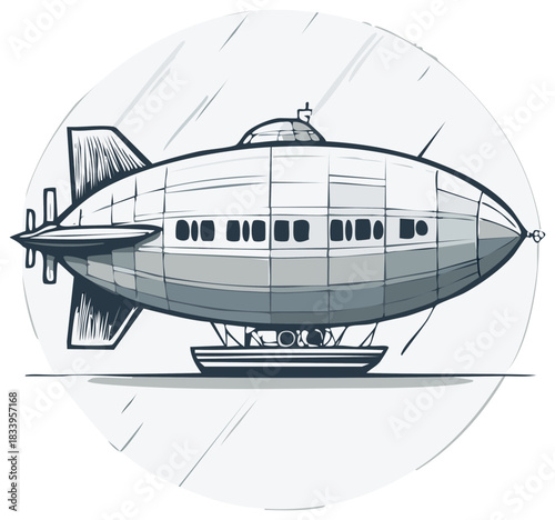 Steampunk Airship Illustration, Vintage Style Blimp Design, Flying Transport Vehicle