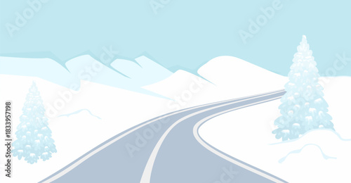 Snowy winter road landscape. Winter travel in mountain road. Vector cartoon flat illustration.