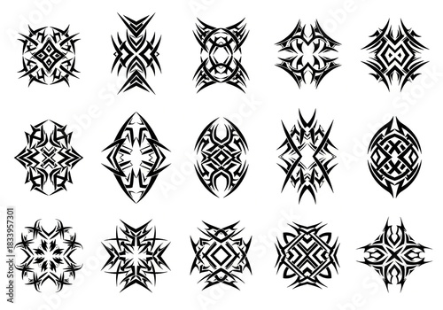Set of decorative tribal art elements and abstract geometric ornaments for tattoo and graphic design.