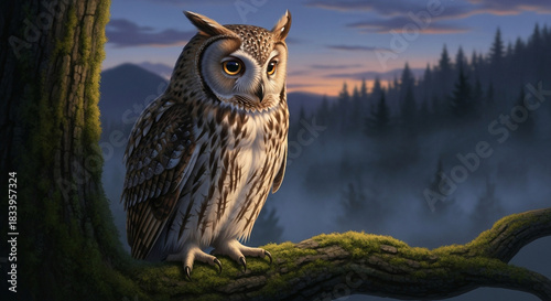 Great horned owl sitting on a tree branch in the foggy wild woodland during twilight.