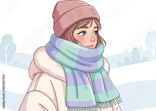 Dreamy young woman bundled in winter fashion looks hopefully towards the future, perfect for lifestyle blogs, cozy ads, and inspirational designs