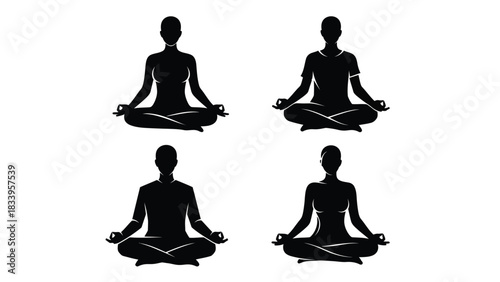 Black silhouettes of people in lotus yoga meditation poses, symbolizing peace, wellness and harmony
