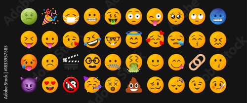 Set of 40 colorful 3D social media emoji icons with expressive faces, fun party elements, sick faces, heart eyes, devil emoji, and comedy props. Ideal for digital content, chat, or UI design.