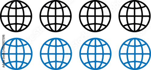 8 globe bule black line icons vector set design illustration