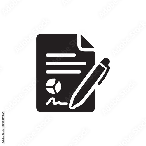 Business contract signature with pen black and white vector icon for finance agreement document and legal paperwork