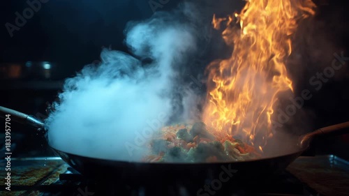 Wallpaper Mural Chefs dynamic night cooking with wok pan creating culinary art. Intense heating produces dramatic fire, spectacular flambe flame, and billowing smoke for gourmet meal Torontodigital.ca