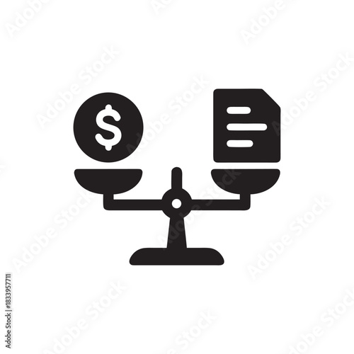 Money and document on balance scale icon black and white vector symbol of business finance comparison and cost benefit analysis