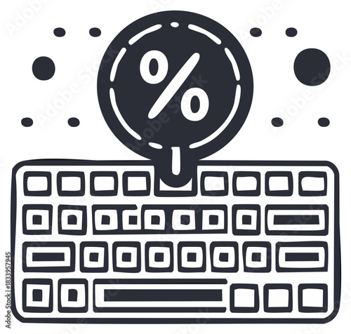Keyboard with percentage sign overhead representing online discounts and sales