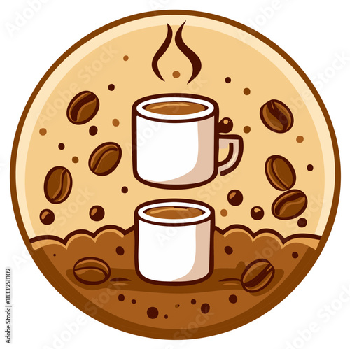 Steaming Coffee Cups and Beans Aromatic Cafe Circle Illustration