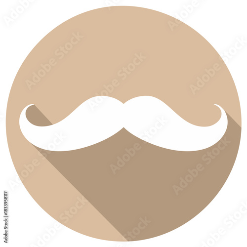 White classic mustache icon with long shadow on a beige circle in flat design style