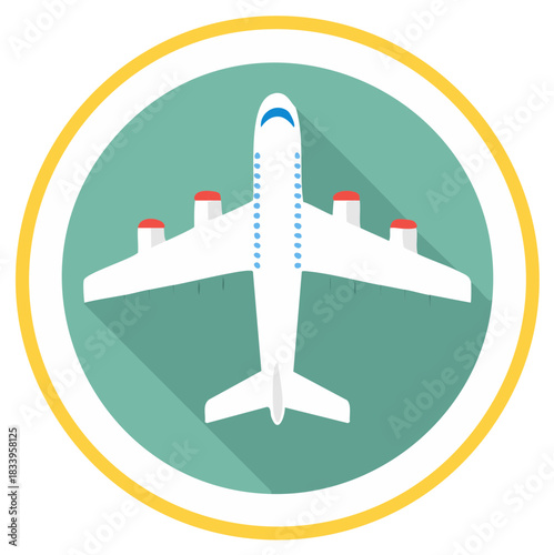 White passenger airplane icon with long shadow in flat design style for travel and aviation