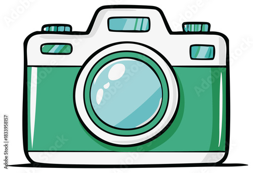 Vibrant Green Retro Camera Illustration with Distinct Cartoon Style and Large Lens