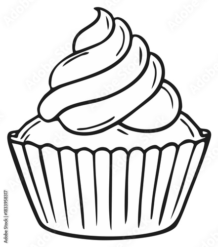 Cupcake outline drawing, dessert with frosting swirl, black lines, minimalistic confectionery illustration for design