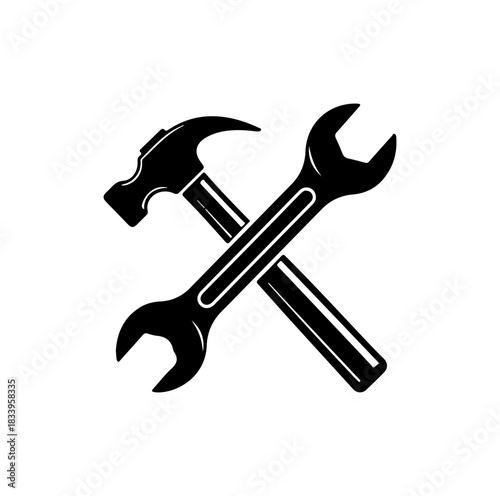 Black silhouette tools, crossed wrench and hammer, vector icons, industrial symbols, toolkit graphics