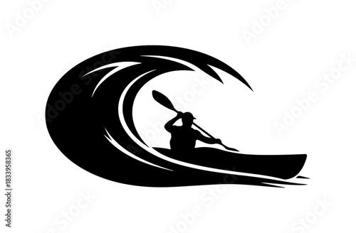Kayaker paddles through a huge wave, vector silhouette