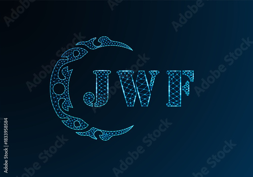 Low poly letter logo JWF design. JWF letter logo low poly vector design on blue color gradient background. JWF logo low poly design