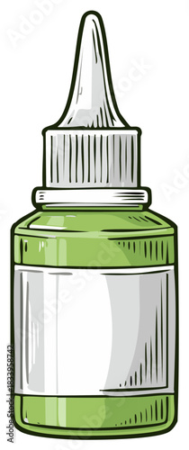 Vector illustration of medicine dropper bottle containing green liquid. White label, medical concept.