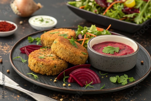 Bengali vegetable chop with beetroot center, crunchy breadcrumb coating texture