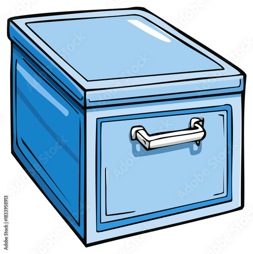 Vibrant Blue Illustrated Storage Box with Lid and White Handle, Cartoon Style Organization