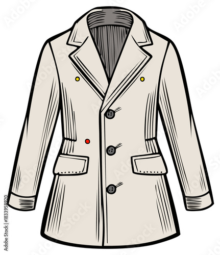 Illustration of a Double-Breasted Overcoat with Buttons, Pockets and Classic Collar Style
