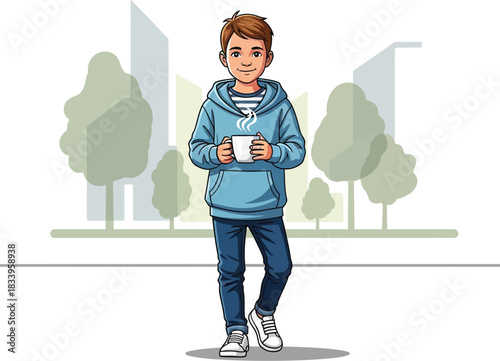 Enjoying a peaceful morning coffee in the city vibes, a moment of calm before the day begins, casual style and a warm drink