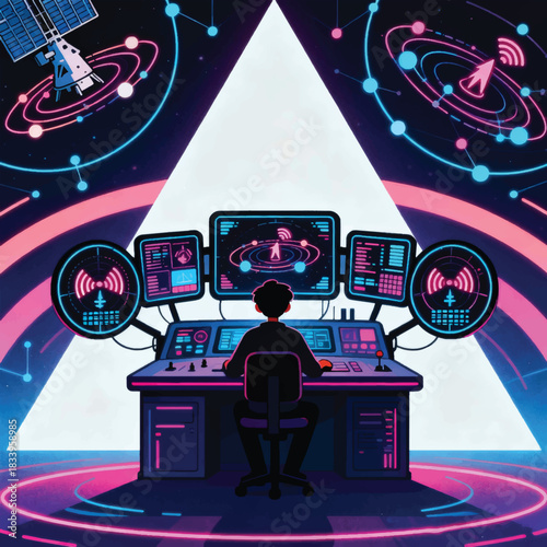 Illustration Of A Character Sitting In A Satellite Control Center, A Circular Screen Displays The Orbit Vector Design Template