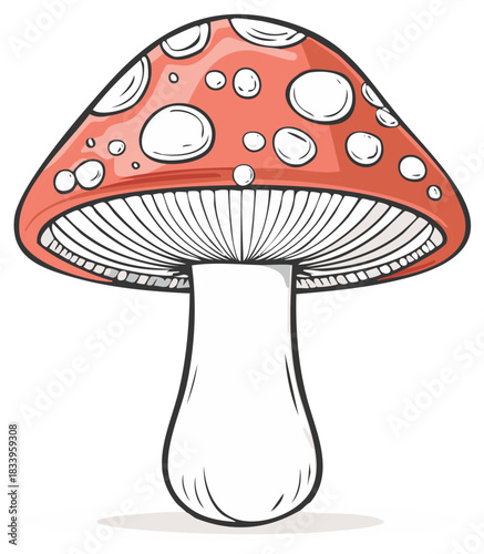 Cartoon illustration of a red spotted mushroom on a white background