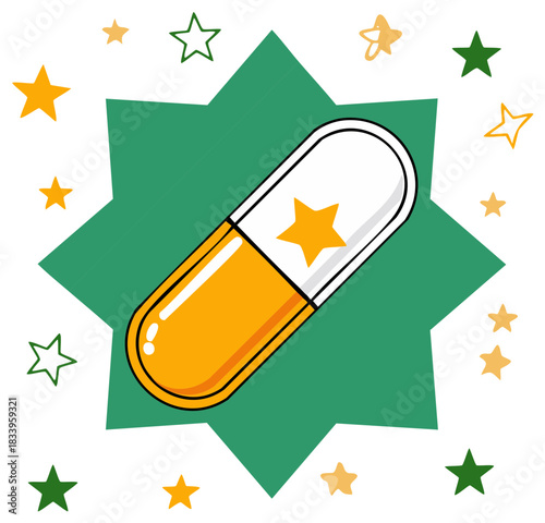 Colorful cartoon capsule with a star symbol representing a magic pill or vitamin supplement