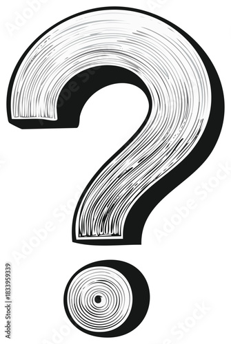 Stylized Question Mark with Hatching Pattern and Bold Shadow Effect Symbol Design