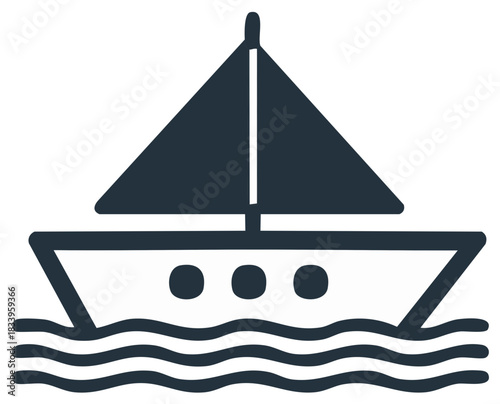 Simple graphic icon of a sailboat with a triangular sail floating on ocean waves