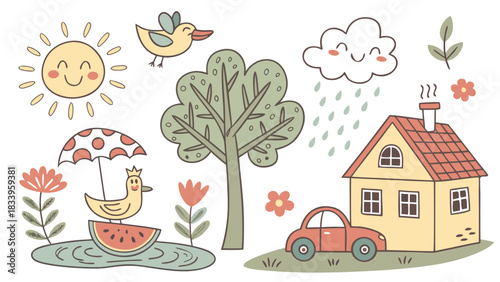 Duck on watermelon slice under umbrella