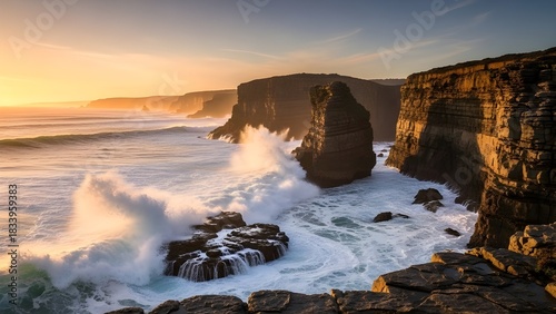 Waves Crashing Against Rocky Coastal Cliffs at Sunrise