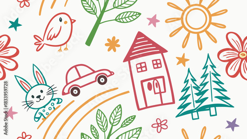 Bunny car house sun tree flower bird star