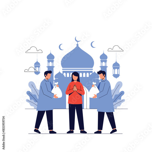 Muslim men giving zakat charity in the form of food bags to a woman in need in front of a mosque during Ramadan.