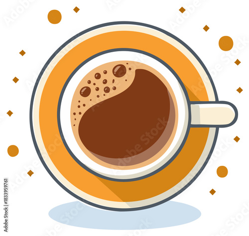 Overhead view of coffee cup with saucer in stylized illustration