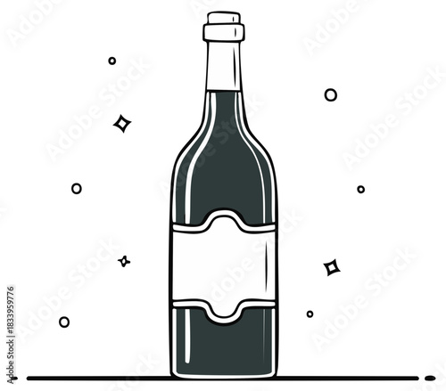 Stylized illustration of a beverage bottle with blank label and cork stopper