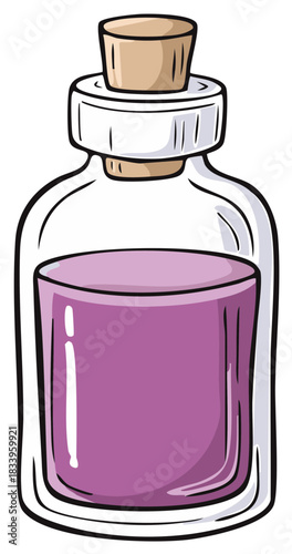 Hand drawn illustration of a mysterious purple potion bottle with a natural cork stopper
