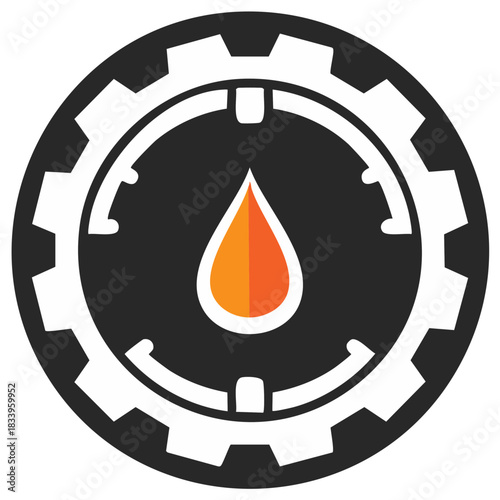 Vector Icon of an Orange Oil Drop Centered in a Round Mechanical Gear Gauge