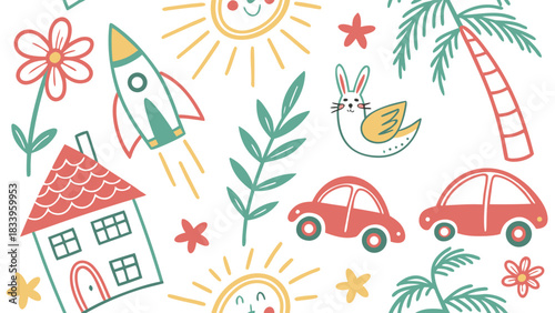 Doodle cartoon rocket flying over house