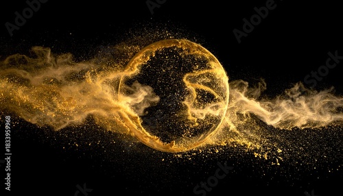 Golden orb explodes with dust against black background, abstract, dynamic composition