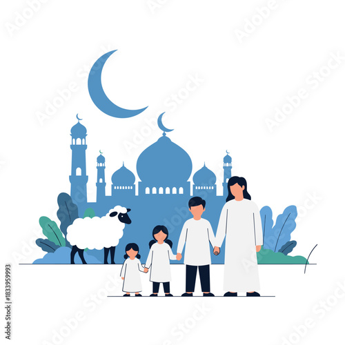 Muslim family with children and a sheep celebrating Eid al-Adha the festival of sacrifice in front of a blue mosque.