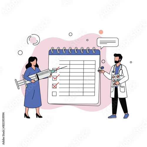 Doctor and nurse with a syringe and pills planning a patient's vaccination and medication schedule on a large calendar.
