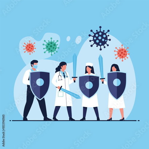 Brave team of doctors and nurses with swords and shields fighting the coronavirus pandemic like heroic frontline warriors.
