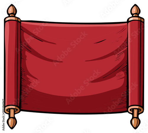 Cartoon red scroll with decorative tops and bottoms, blank message banner.
