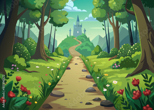 Castle on a hill with forest path