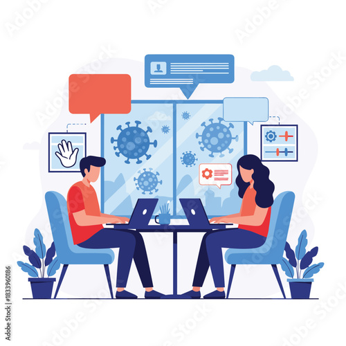 Man and woman working remotely on laptops during the coronavirus pandemic with virus particles visible outside the window.