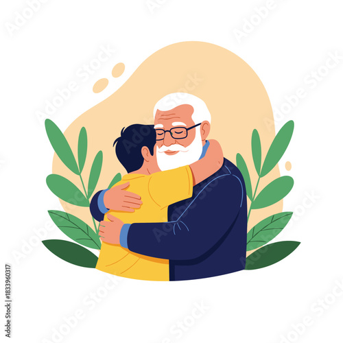 Young grandson giving his beloved elderly grandfather a warm and loving hug surrounded by green leaves and foliage.